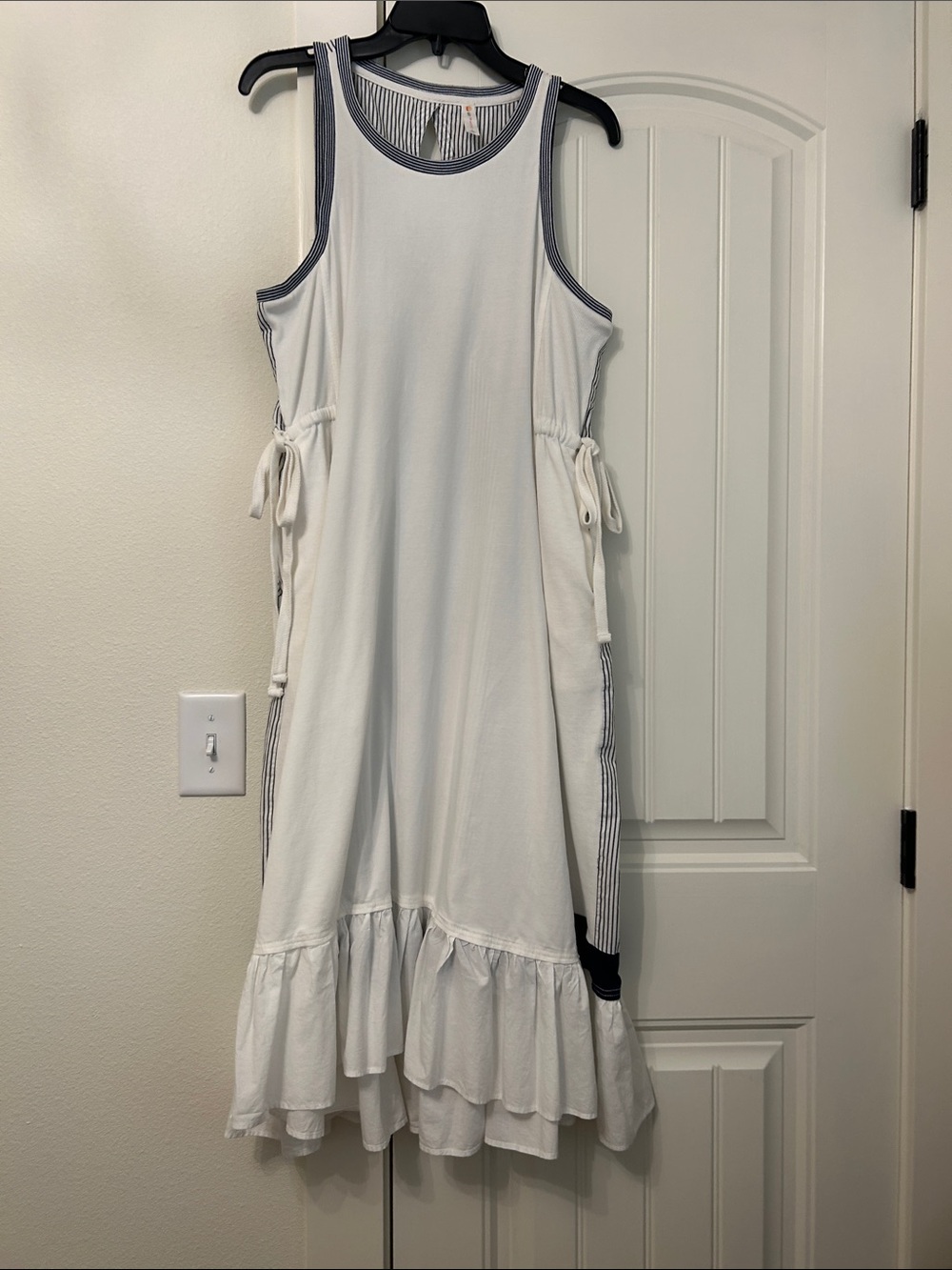 Anthropologie White Dress with Navy Pinstripes and Trim
